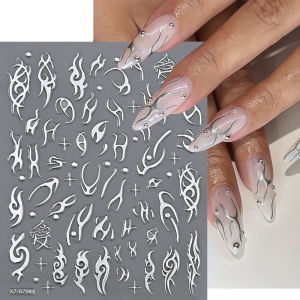 1Pcs 3D Metal Silver Thorn Flame Nail Stickers Irregular Abstract Lines  Adhesive Slider Y2K Spicy Girls Nails Decoration Decals