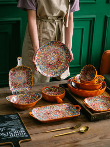 Bohemian Style Ceramic Bowl Set with Handles Japanese Aesthetic Dual Ear Rice Bowl Dining Utensils Geometric Pattern Nordic Style