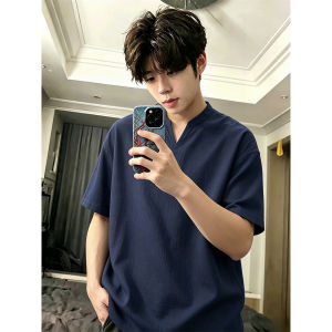 LIUBU | Navy Blue Linen V-Neck Short Sleeve Elegance and Stylish T-Shirt