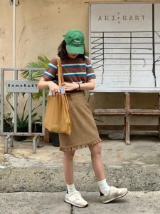 Váy Midi Cạp Cao Kẻ Sọc Cổ Điển Cho Nữ Mùa Xuân Thu Váy Midi Cạp Cao Ôm Sát Váy Chữ a Váy Dài Nửa Thân