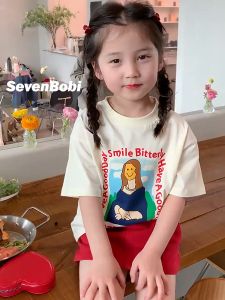 เสื้อผ้าเด็กผญ เสื้อยืดเด็กหญิง พิมพ์ลายแฟชั่น เสื้อทรงหลวมผ้าฝ้ายเด็กกลาง 2374