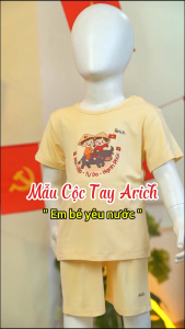 Bộ cộc tay cài vai trẻ em Arichmùa hèvải sợi tre in Em bé yêu nước cho bé traigái từ 9 th-6 tuổi