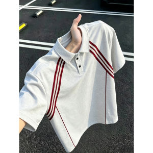 LIUBU | White and Grey Striped American Style Heavyweight Polo Shirt Short Sleeves