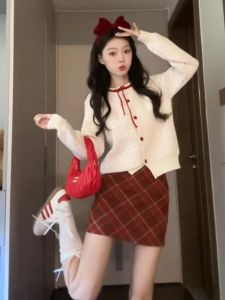 Sweet Red Christmas New Years Dress Set High Waist A-Line Skirt Long Sleeve Short Dress Autumn Winter Womens Fashion Dress