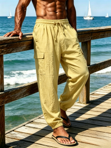 Mens lightweight Drawstring Cargo Pants Breathable Casual Loose Fit Joggers with Multi Pockets for Beach Outdoor Wear