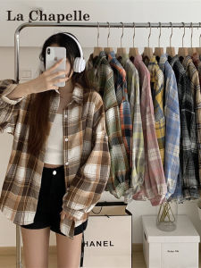 La Chapelle Womens Vintage Plaid Long Sleeve Shirt Loose Fit American Style Spring 2025 New Design Sense Outerwear Top