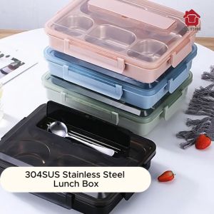 Portable Double Layer 304SUS Stainless Steel BPA Free 4-Grid Bento Lunch Food Storage Bekas Makanan