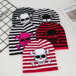Autumn and Winter Outdoor Jacquard Striped Patchwork Skull Warm Hat Hip-Hop Elastic Knitted Pullover Hat Cool and Stylish Hat