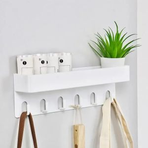 No Drilling Wall Mounted Key Rack Bathroom Shelf Organizer with 6 Hooks for Hallway Bedroom Kitchen Door Storage Space Saving