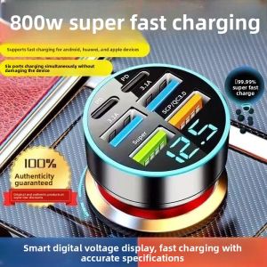 USB C Type C Car Charger 6 Ports USB Super Fast Charging Phone Charging Voltage Detection Digital Display Mobile Phone Charger