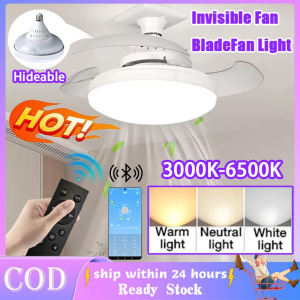 Smart Ceiling Fan With LED Light Remote With App Control Modern Ceiling Fans 2 in 1 Ceiling Light And Fan With Remote Control Inverter Ceiling Fan For Living Room Bedroom E27 Socket Fan 3 Blades 48W 3 Color Dimmable Energy Saving Lnvisible Blade