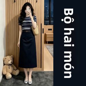BIFEIMENG | Bộ Hai Món Chân Váy và Áo Thun Sọc Xanh Pháp