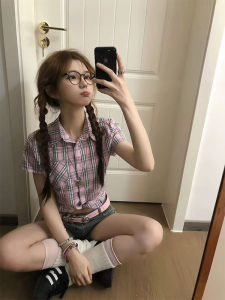 Korean Style College Polo Collar Straight Shoulder Check Short Sleeve Summer Waist Cinching Shirt