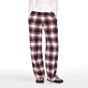 Low Waist Wide Leg Pants Retro Plaid Pure Cotton Flocking Home Leisure Slimming Floor-Length Pants Versatile Womens Pants