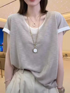 Shalldoer | Color Block Round Neck Short Sleeve Knitted Top Womens Summer Thin Breathable Versatile Casual Style Solid Color T-Shirt