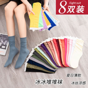 Summer Thin Velvet Mid-Calf Socks Womens Candy Pure Color Swan Velvet Long Black Socks Bunched Edge Stockings Shaping Leggings
