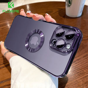 FLOVEME Luxury Plating Clear Logo Hole Phone Case For iPhone 14 13 12 11 Pro Max Transparent Lens Protector TPU Back Cover For iphone 14 13 12 11