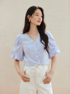 INMAN | Xinjiang Cotton Designed Puffy Sleeve V-Neck Summer Blouse