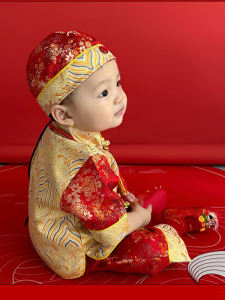 Baby Cheongsam Style Set Silk Brocade Short Sleeve One Year Old Clothes Summer Lightweight Boys Traditional Chinese Costume