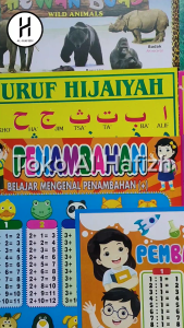Poster Edukasi Anak/ Poster Dinding Belajar Pengenalan Huruf Angka Hijaiyah Binatang Buah Buaahan
