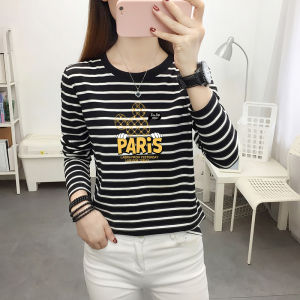 Slimming Striped Long Sleeve Cotton Base Shirt Loose Fit round Neck Pure Cotton Printed Womens Top Korean Style Commute Fashion