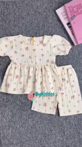 ByKiddos - Setelan Peplum Motif Flower / Setelan Peplum Lokal Anak Perempuan Lengan Pendek Dan Celana Pendek / Setelan Anak Gaya Feminim