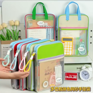 L-shaped Opening Mesh File Bag Visible Zipper Pounch With Handle Document Storage Bag With 3 Layers