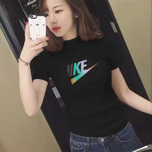 Fashionable Printed Short Sleeve Half High Collar Pure Cotton Slim Fit Womens T-Shirt Korean Style Commute Youth Summer Top