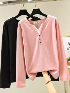 Loose Long Sleeve T-Shirt for Middle-Aged Mothers plus Size Casual Style Cover Belly Button Detail Cotton Blend Autumn Wear