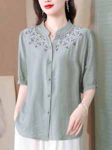 Elegant Embroidered Cotton Linen Shirt Womens Summer Fashion Four-Quarter Sleeve Mom Style Cover up Top Korean Version