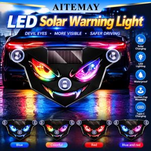 Aitemay Solar Car Demon Eye LED Ambient Light Type C Rechargeable Wireless Atmosphere Lamp Suction Cup Mount Cool Devil Eyes Decoration For Auto Interior Exterior Door Window Universal