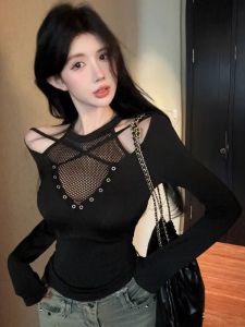 GUZILIAN | เสื้อยืดผู้หญิงแขนยาวสีดำ ทรงสลิมฟิต ดีไซน์สไตล์อเมริกัน ดีไซน์เนอร์ ผ้าตาข่ายยืดหยุ่น กระโปรงสั้นเซ็กซี่ ฤดูใบไม้ร่วง