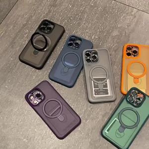 With Lens Protector Matte Magnetic Case for Magsafe IPhone Air 17 16 15 14 13 12 11 Pro Max Plus Metal Ring Stand Mac Safe Cover