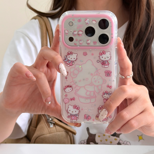 Sanrio | Sweet Pink Hollow-Out Sanrio Hello Kitty Shockproof Phone Case For iphone 17 16 15 Pro Max 17 Pro Lens Camera Protective Cover