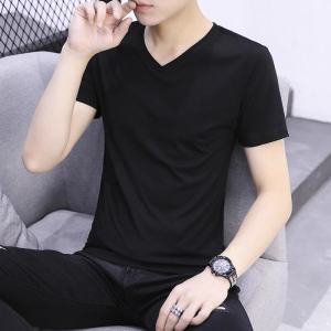 Mens Short Sleeve T-Shirt V-Neck Pure Cotton White Base Shirt Long Sleeve Trendy Brand Summer Fashionable Youth Casual Wear