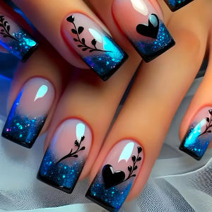 Short Medium Square fake nails for women girls Gradient deep blue with flowers design full cover press on acrylic false nail art