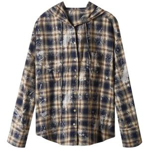 SOLWEIGE | SOLWEIGE Original Design 3D Embossing Process Vintage Plaid Hooded Shirt Jacket Long Sleeve Polyester Cotton Recycled Fiber