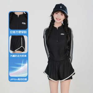 Girls Junior High School One-Piece Swimsuit Long Sleeve Conservative with Chest Pad Childrens Swimming Costume Gugu Lu Brand