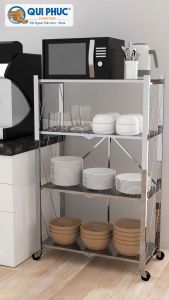 Kệ inox đa năng gấp gọn Ohawa 4 tầng QUI PHÚC inox sáng bóng tiện lợi chân có bánh xe di chuyển