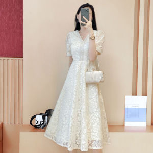 Elegant Lace A-Line Dress V-Neck Short Sleeve High Waist Slimming Summer New Arrival Womens Fashion Korean Style Midi Dress
