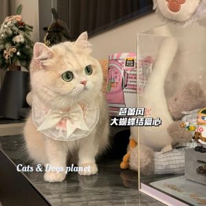 Cat Bib Pet Ballet Neckscarf Water Towel Pearl Lace Butterfly Knot Court Neck Warmer Gradient Gold Blue White Pet Accessories