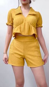 NF FRENCHIE BARK CREPE COORDINATES COLLAR TOP AND SHORT BASIC SET FOR WOMAN