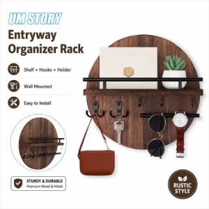 Wooden Key Holder with Hooks & Shelf Rustic Entryway Mail Organizer Storage Rack Wall-mounted shelve