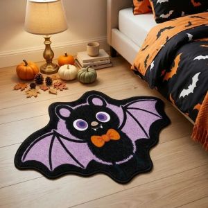 VIKAMA Cute Purple Bat Shaped Rug Halloween Soft Fluffy Non Slip Irregular Floor Mat Cartoon Bedroom Decor Carpet