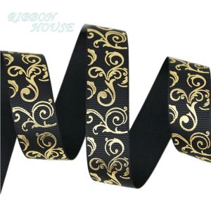 (10 Yards/lot) 2.5CM Black Gold Foil Hot Stamping Grosgrain Ribbon Gift Wedding Ribbons Roll Wholesale
