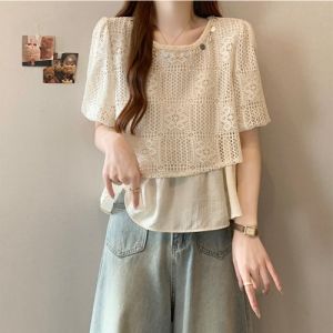 Slimming Lace Short Sleeve Shirt Womens Summer plus Size Korean Style Casual Commute Classic Pattern Simple round Neck Top