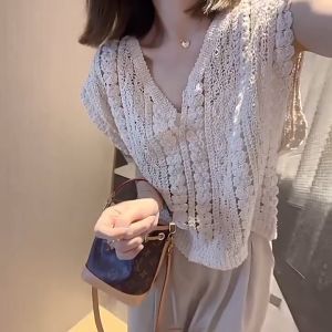FRAN Summer Hollow Knit Top for Women Bat Sleeve Casual Blouse Top