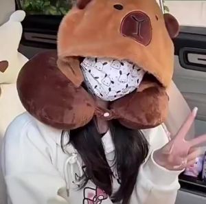 Capybara Plush Neck Pillows Kawaii U Shape Pillow with Hat Cute Cartoon Animals Stuffed Lovely for Holiday Birthday Gift