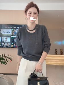 Gray Knitted Sweater Womens Style Neck Hanging Winter Outerwear Design Sense Knit Cardigan Top Commute Pure Color Long Sleeve