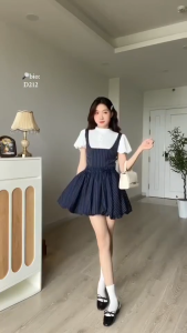 Set Váy Nữ Tặng Nơ Cột Tóc Váy Bí Phồng Phối Thô Tay Bồng Chất Vải Tuýt Kẻ Kèm Quần Bảo Hộ